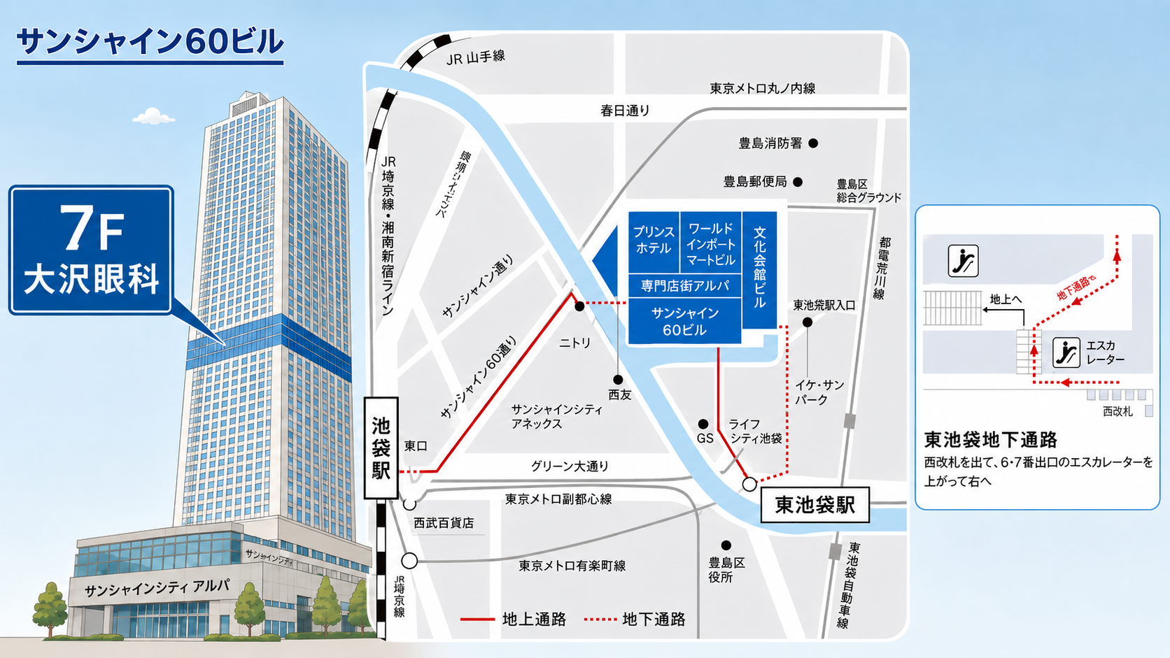 池袋駅・東池袋駅から大沢眼科までのアクセスマップ